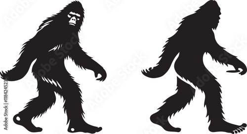 Walking Bigfoot Silhouette Vector Art. Bigfoot yeti silhouette set, isolated white background