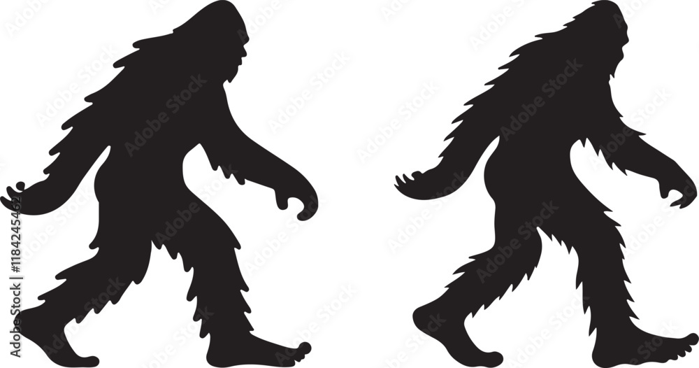 Fototapeta premium Walking Bigfoot Silhouette Vector Art. Bigfoot yeti silhouette set, isolated white background