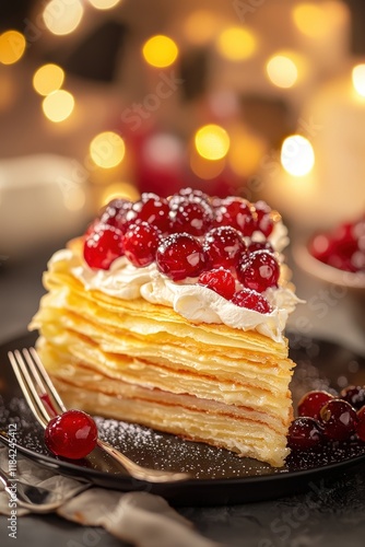 Exquisite Mille-Feuille Dessert with Layers of Cream and Cherry Topping against a Blurry Festive Background photo