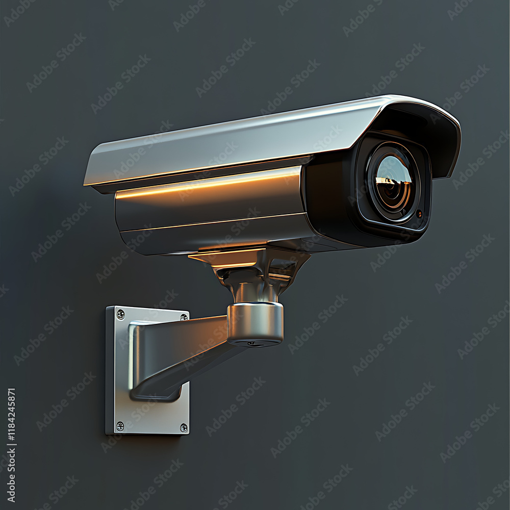 Sleek silver security camera mounted on a dark grey wall, modern technology concept. Sleek silver security camera mounted on a dark grey wall, modern technology concept.