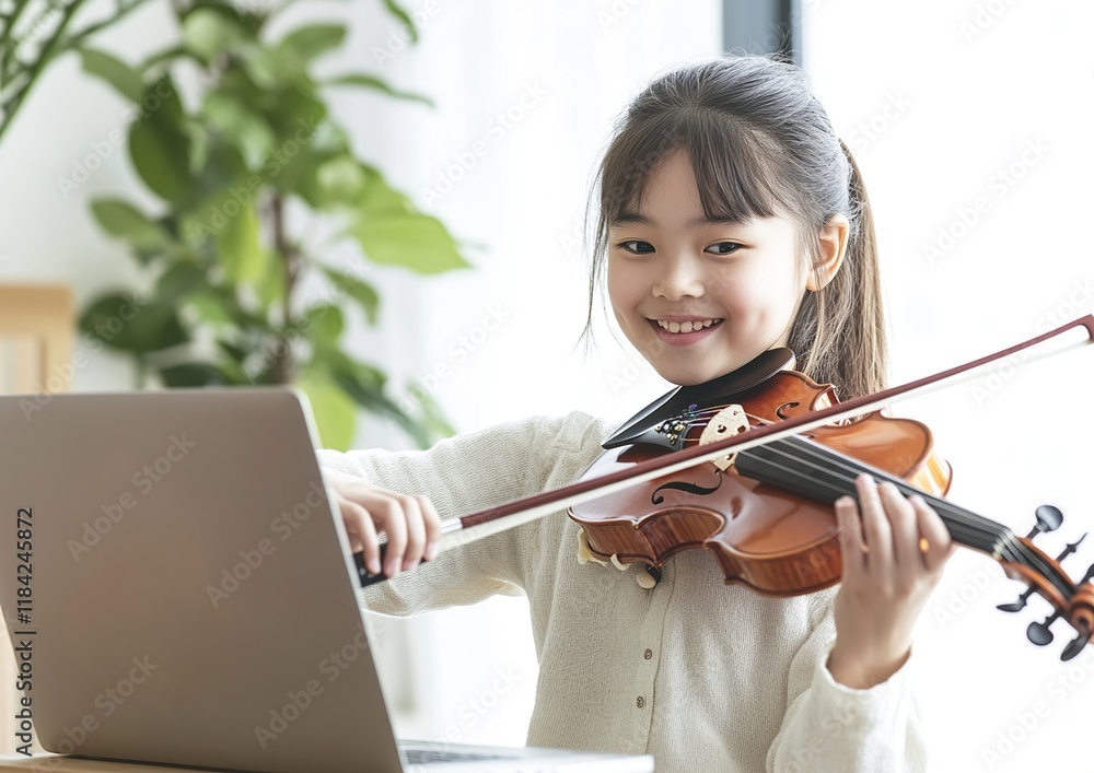 Young Girl Learning Violin Online, Musical Instrument Practice with Laptop, Skill Development, Enjoyable Hobby, Home Music Lessons Young Girl Learning Violin Online, Musical Instrument Practice with Laptop, Skill Development, Enjoyable Hobby, Home Music Lessons