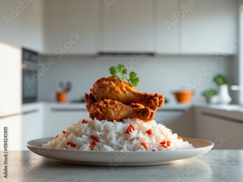 Warm Fried Chicken with Sweet Chili Rice in Modern Kitchen photo