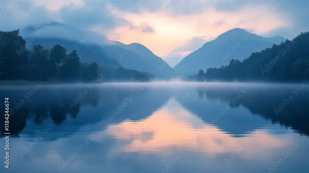 Serene Dawn: Misty lake mirroring mountains at sunrise. Serene Dawn: Misty lake mirroring mountains at sunrise.