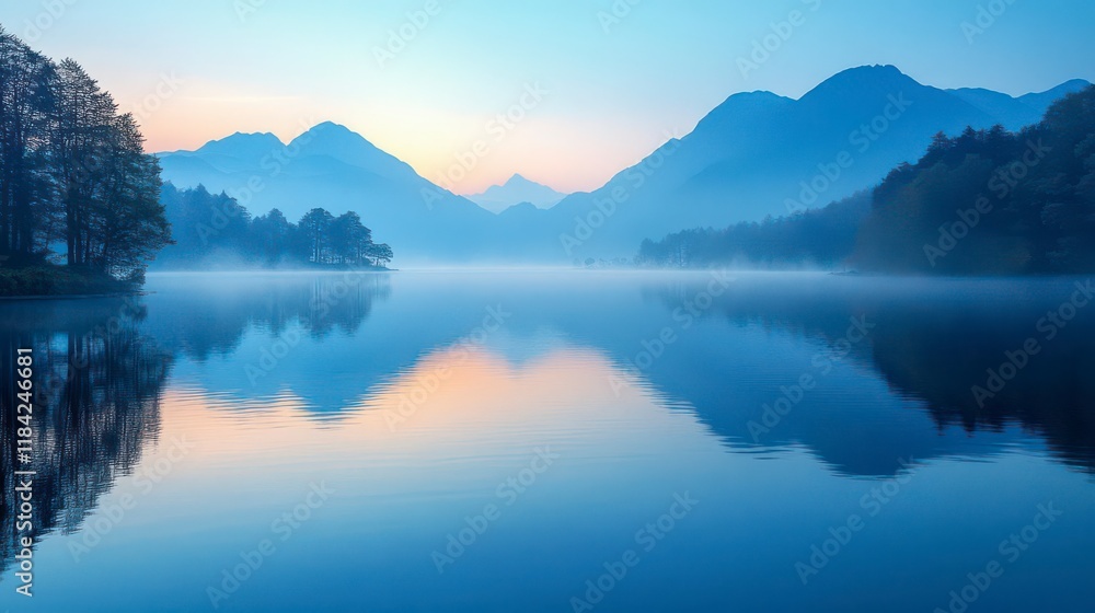 Fototapeta premium Serene dawn mist blankets tranquil lake, reflecting majestic mountains.