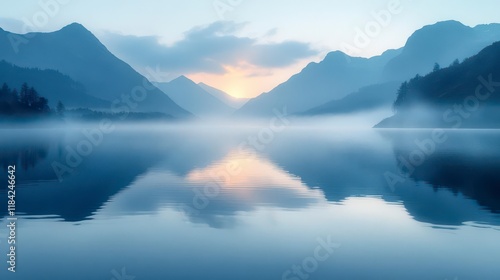 Serene Dawn: Misty lake reflects mountains at sunrise, a tranquil scene.
