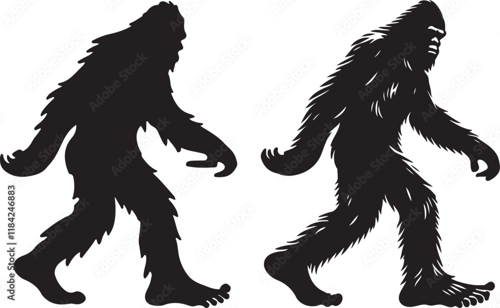 Fototapeta premium Walking Bigfoot Silhouette Vector Art. Bigfoot yeti silhouette set, isolated white background