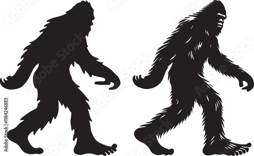 Walking Bigfoot Silhouette Vector Art. Bigfoot yeti silhouette set, isolated white background