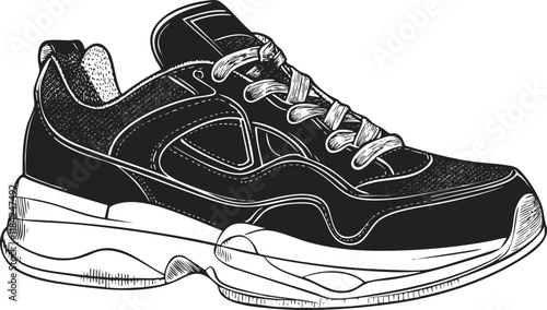 Black and white illustration of a sneaker shoe with detailed design.