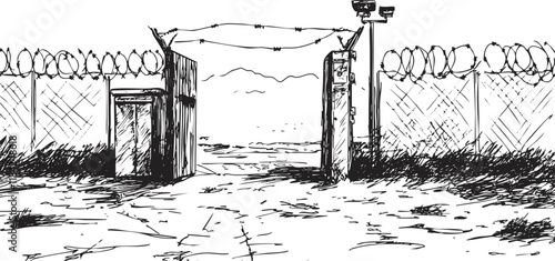 Black and white sketch of a prison gate with barbed wire fence.