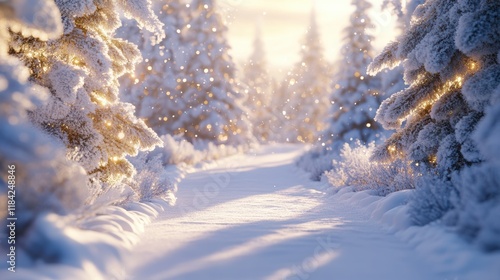 Snowy path through frosted fir forest for new years celebration