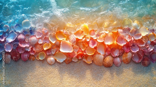 Seashells on the beach, a summer's day dream. Ocean waves gently caress the shore. photo