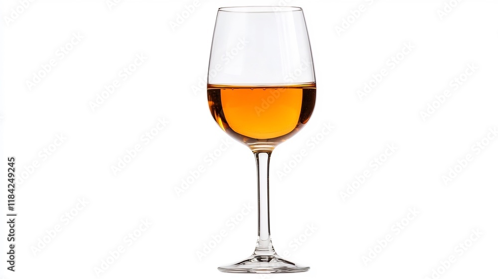 Elegant Crystal Wine Glass with Amber-Colored Liquid on White Background Elegant Crystal Wine Glass with Amber-Colored Liquid on White Background