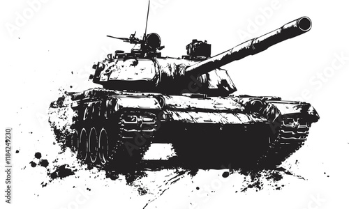 Ink illustration of a military tank in black and white.