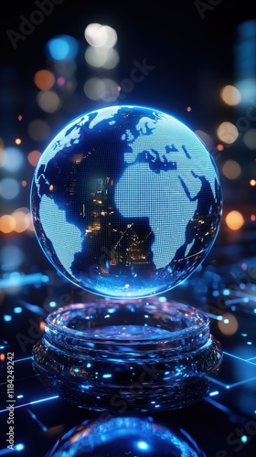 Illuminated glass globe with continental outlines on metallic base photo