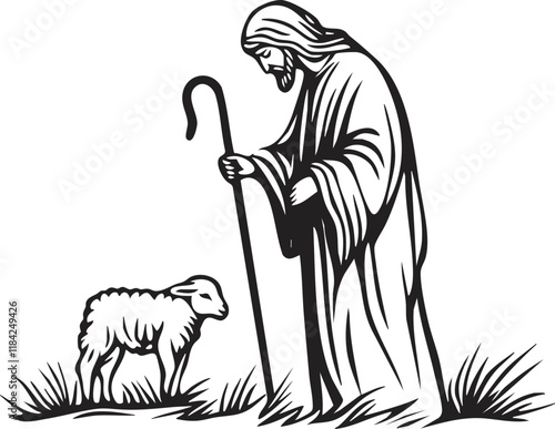 Black and white illustration of a shepherd with a sheep and staff.