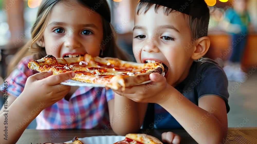the children are eating pizza. selective focus the children are eating pizza. selective focus