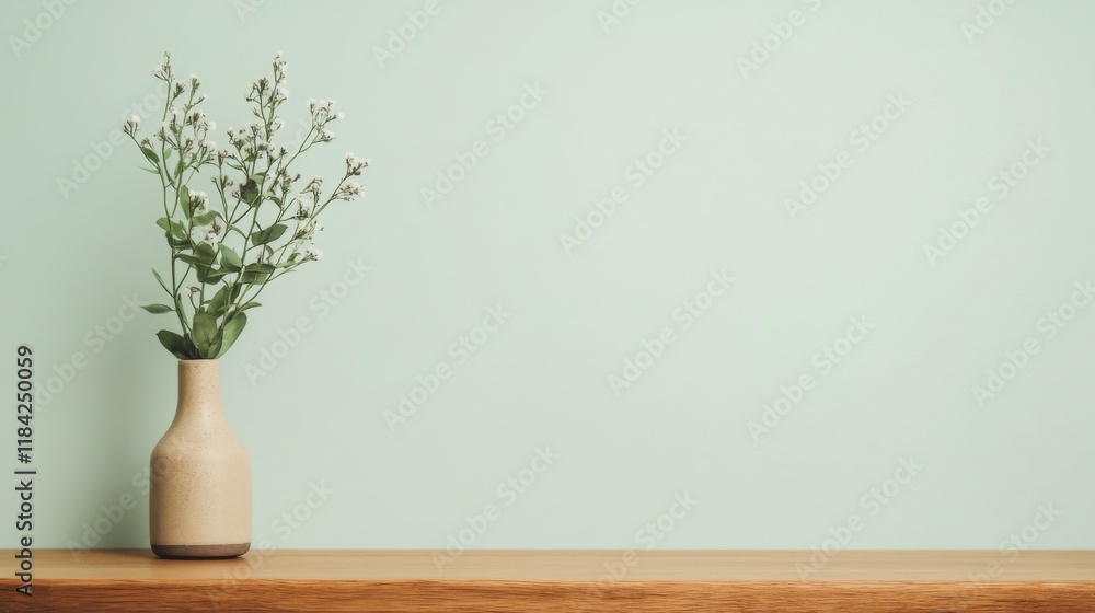 Fototapeta premium Simple vase of wildflowers on wooden shelf against a light green wall.
