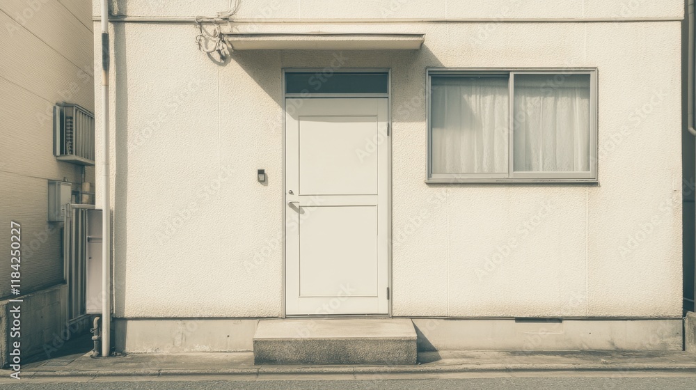 Simple white door and window on a light beige building exterior. Simple white door and window on a light beige building exterior.