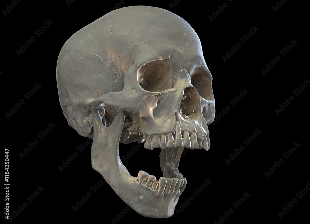 Obraz premium Human skull on Rich Colors a Black Isolated Background. The concept of death, horror. A symbol of spooky Halloween. poster, banner, wallpaper, mystic. Design material. 3d rendering illustration.