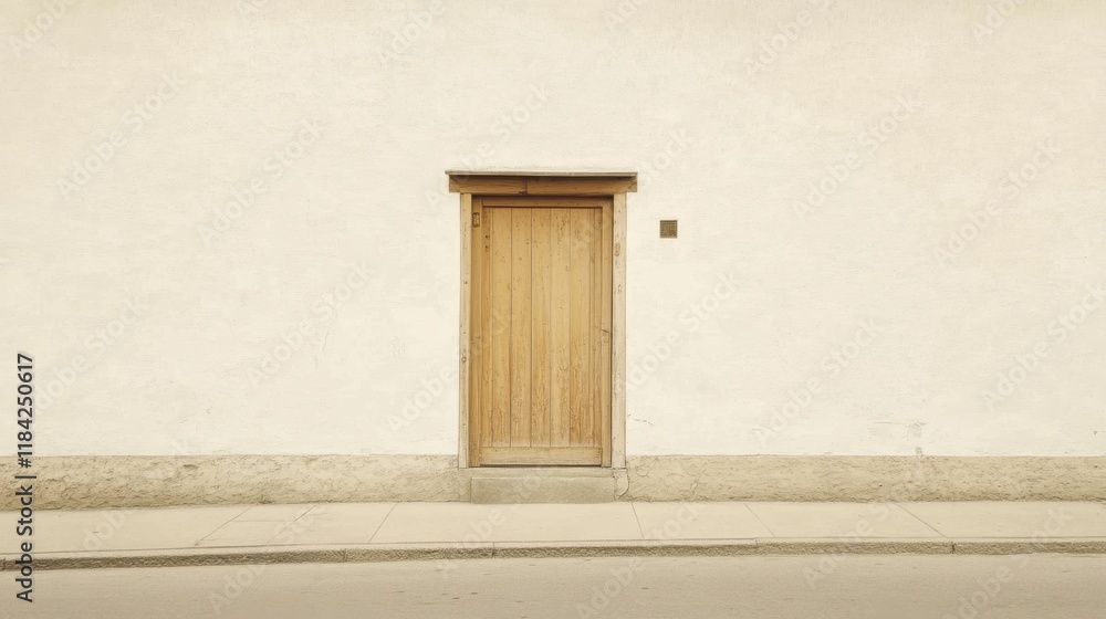 Obraz premium Simple wooden door in a light beige wall.
