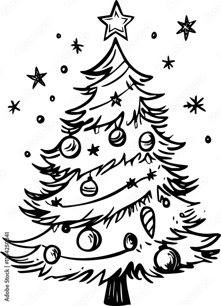 Black and white illustration of a decorated Christmas tree with ornaments. Black and white illustration of a decorated Christmas tree with ornaments.