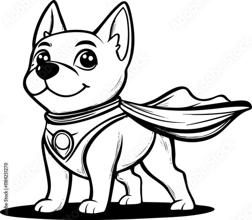 Cartoon superhero dog with a cape in black and white illustration.