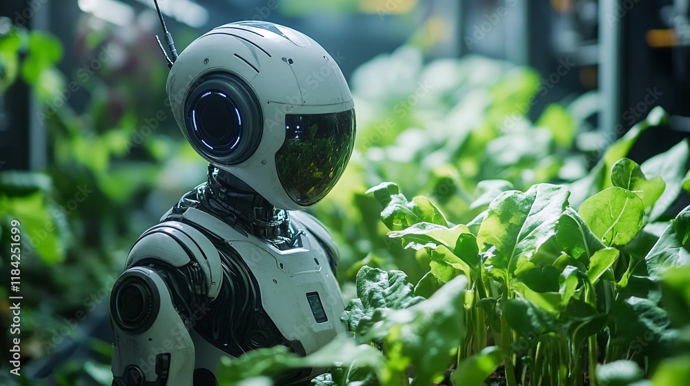 Fototapeta premium A robotic assistant gardening in a high-tech, self-sustaining biosphere