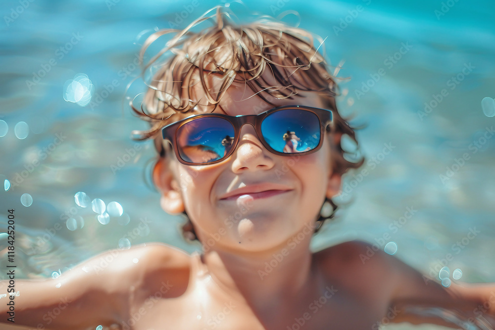 Naklejka premium Generative AI Portrait of a Cute Baby Playing in Beach Water During Summer Vacation