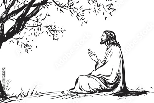 Person in prayer under a tree in a serene landscape sketch.