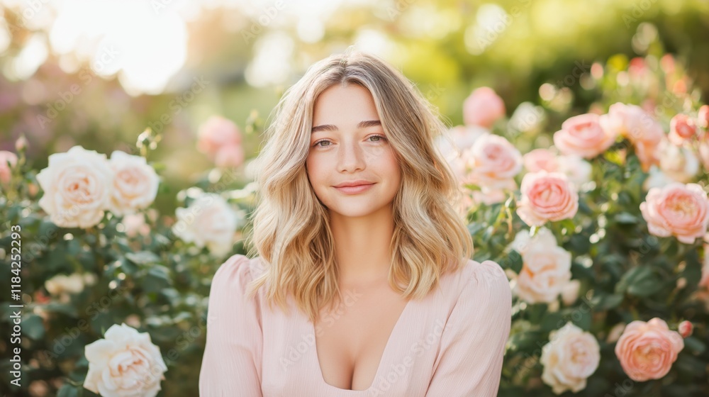 Young woman smiles among blooming roses in a vibrant garden during daylight hours. Young woman smiles among blooming roses in a vibrant garden during daylight hours.