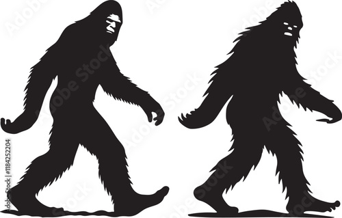 Walking Bigfoot Silhouette Vector Art. Bigfoot yeti silhouette set, isolated white background