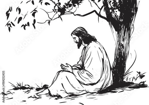 Illustration of Jesus praying under a tree, symbolizing spirituality and peace.
