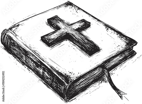 Sketch of a Bible with a cross on the cover in black and white.