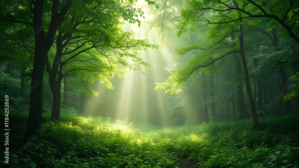 Fototapeta premium Lush Green Forest Sunlight Rays, Serene Nature Scene with Sunbeams Filtering Through Trees