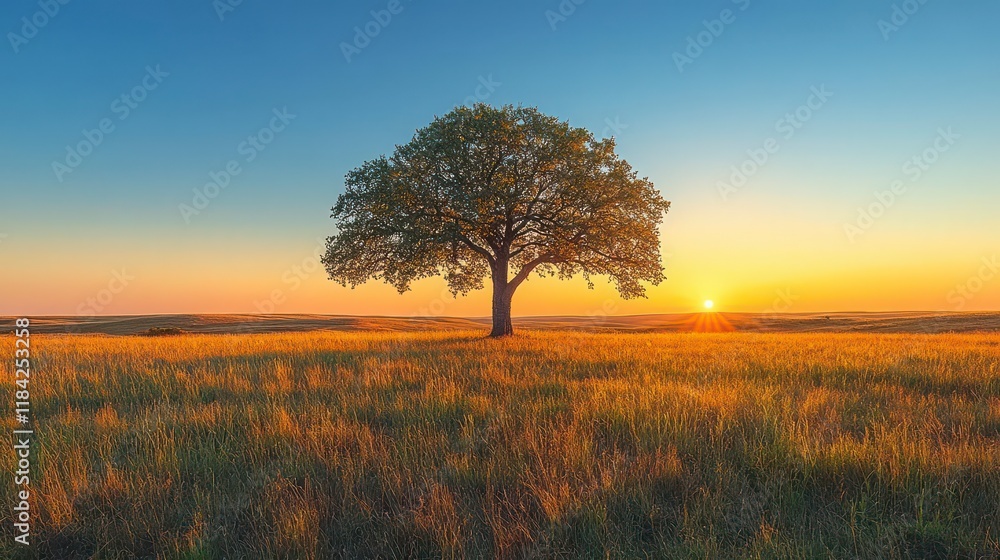 Solitary tree silhouetted against a fiery sunset over a tranquil prairie. Solitary tree silhouetted against a fiery sunset over a tranquil prairie.
