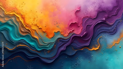 Abstract Swirling Waves, Plum Purple, Turquoise, Gold & Orange AI Art - Dreamy Fantasy Landscape