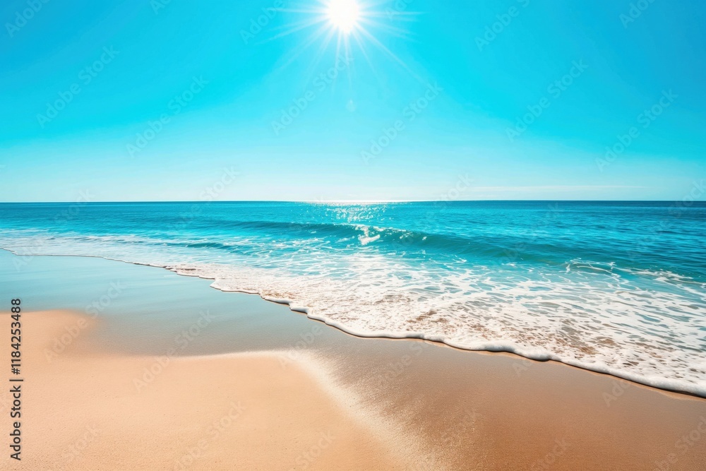 Obraz premium A serene beach scene with golden sand and clear blue water under a bright sun.