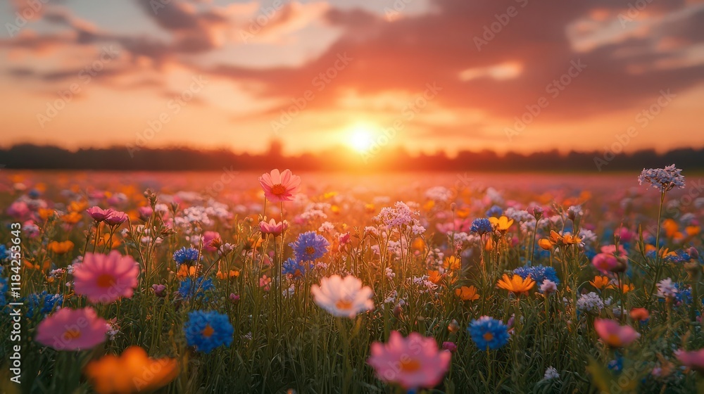 Obraz premium Vibrant wildflowers bathed in sunset's glow, a breathtaking meadow scene.