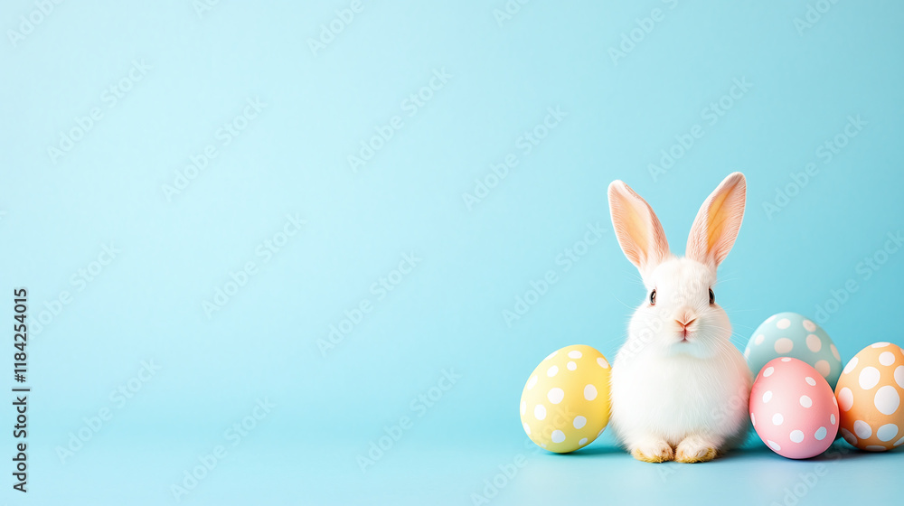 Obraz premium easter bunny with easter eggs - blue studio background.