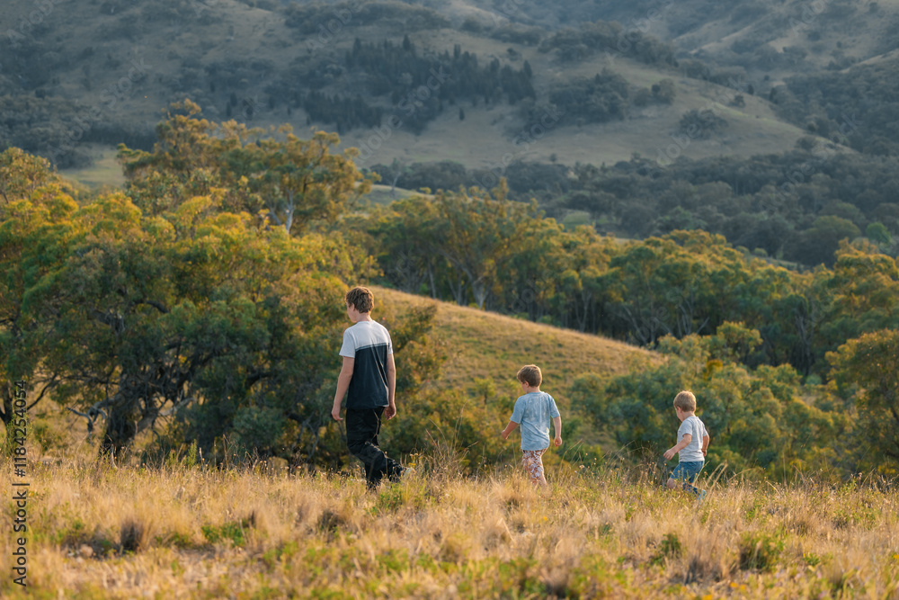 Teenager and two little boys exploring lush green field on hillside Teenager and two little boys exploring lush green field on hillside