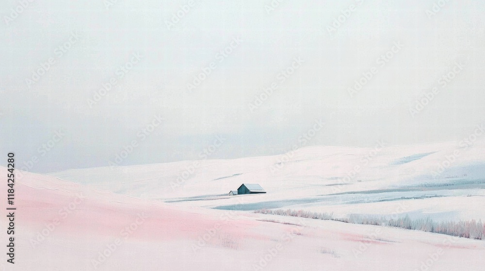 Tranquil winter landscape with barn in soft muted tones Tranquil winter landscape with barn in soft muted tones