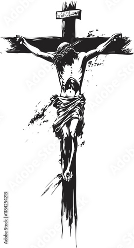 Black and white illustration of Jesus crucifixion on the cross.