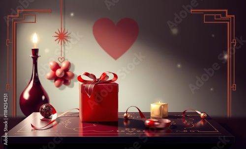 Red giftbox on a table christmas gifr x-mas time frame valentines isolated isolated love frame design valentine heart photo