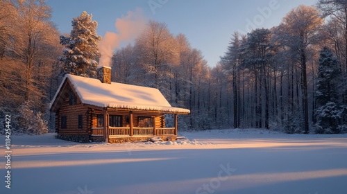 Sunrise paints a snowy cabin in golden hues, smoke curling from its chimney. photo