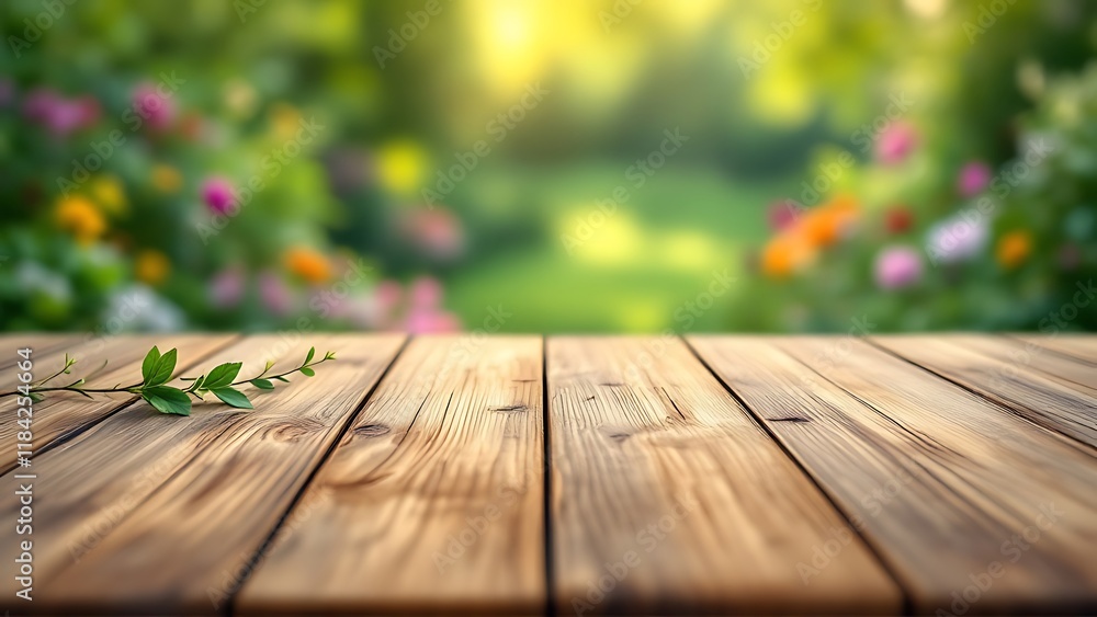 Selective focus.End grain wood counter top with cutting board on blur greeny flower garden in morning with nature light Selective focus.End grain wood counter top with cutting board on blur greeny flower garden in morning with nature light