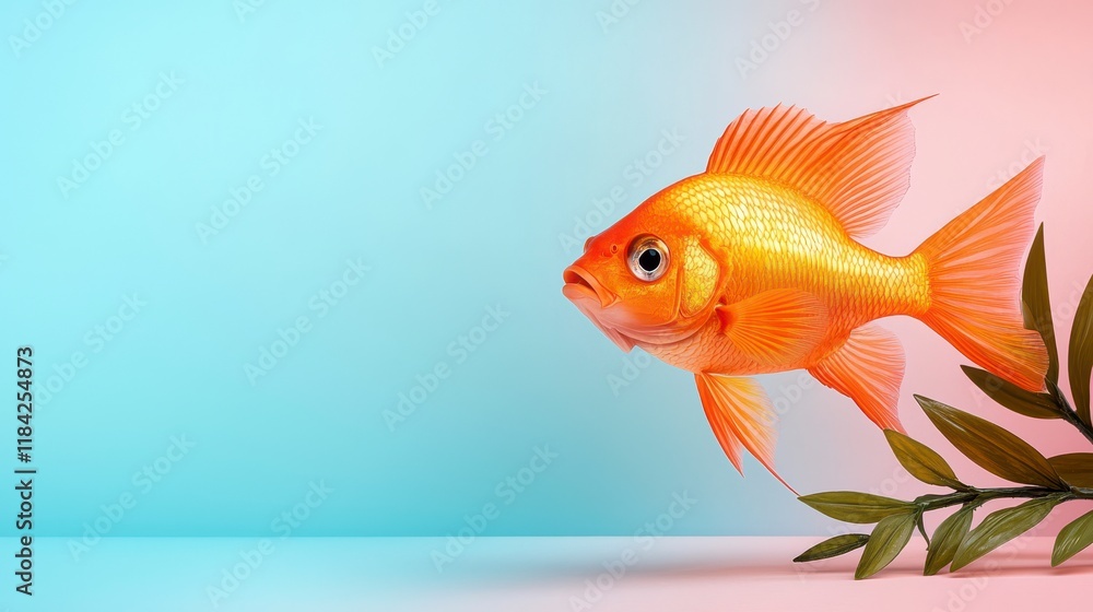 Vibrant Orange Goldfish Swimming Near Green Leaves on Colorful Background Vibrant Orange Goldfish Swimming Near Green Leaves on Colorful Background
