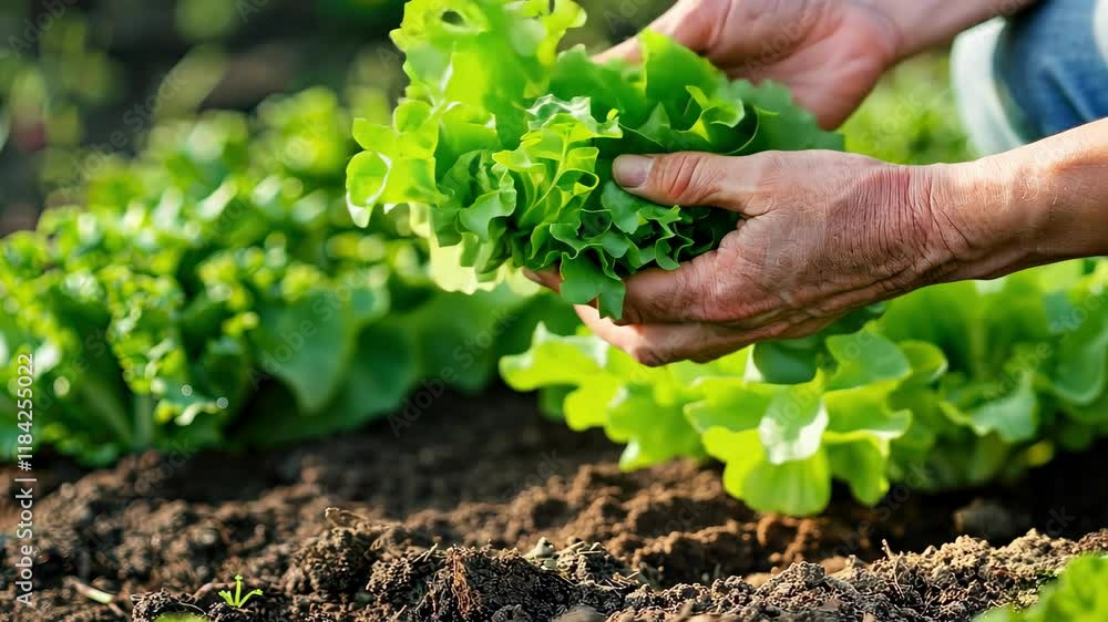 farmer collects green salad selective focus farmer collects green salad selective focus