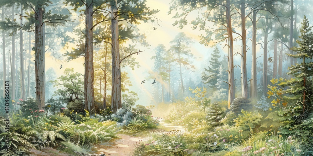 Obraz premium Serene Morning Walk Through an Enchanting Pine Forest Path, Sunlit Trees and Lush Greenery