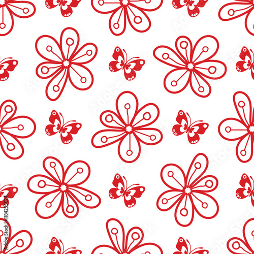 Vector illustration of doodle monochrome red flowers and butterflies seamless pattern. Floral organic background. For textiles, wallpaper and packaging. Transparent background