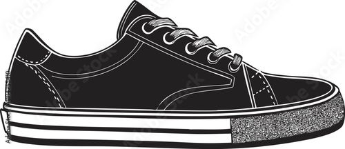 Monochrome illustration of a black sneaker with lace-up design.